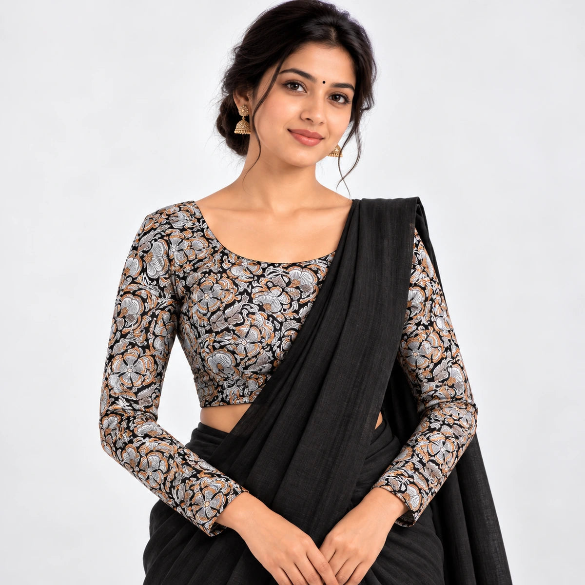 Black Floral Printed Stretchable Full Sleeve Blouse – Grey, Peach & Ivory