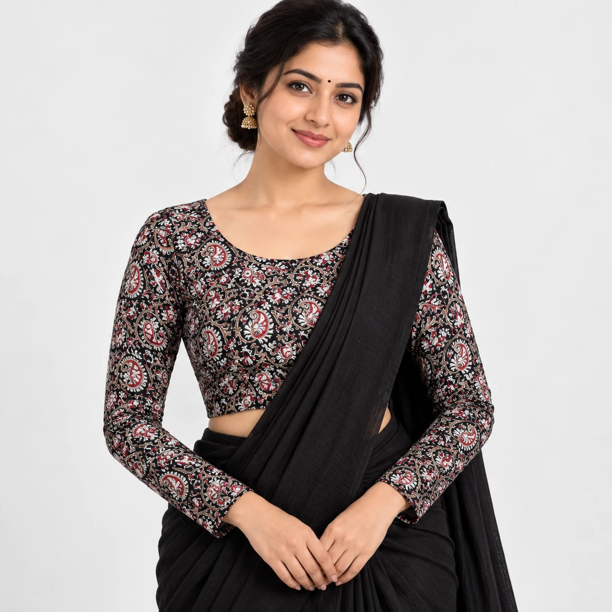 Black with red Leaf Printed Stretchable full Sleeve blouses