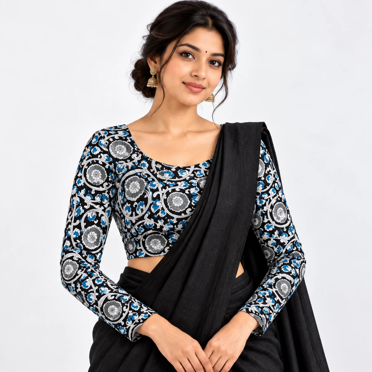 Blue_Black Floral Vine Printed Full Sleeve Blouse – Blue, Grey & White