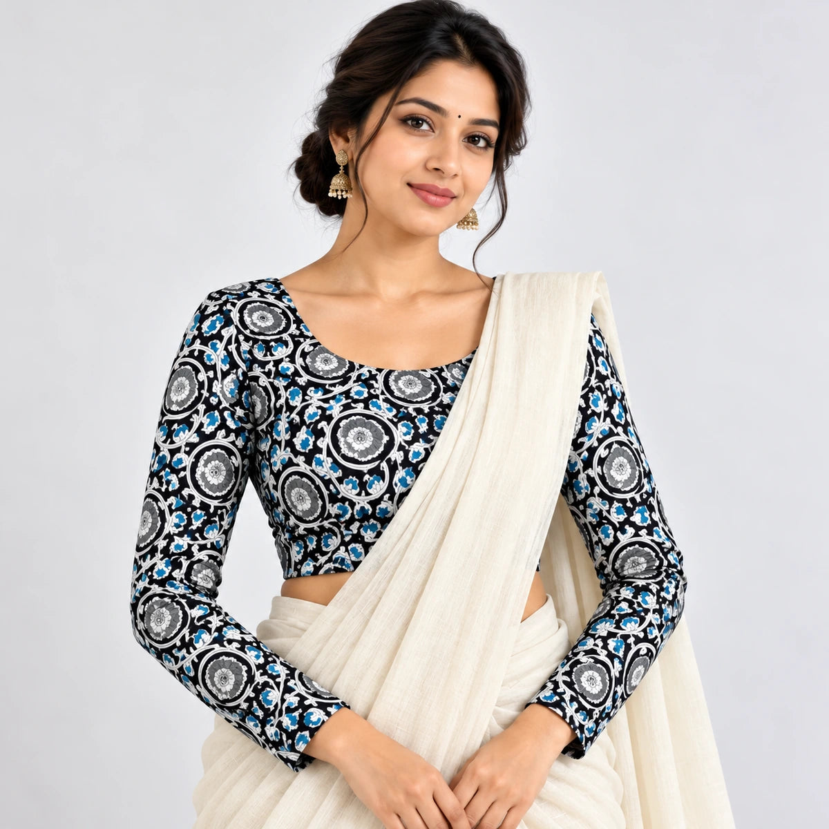 Blue_Black Floral Vine Printed Full Sleeve Blouse – Blue, Grey & White