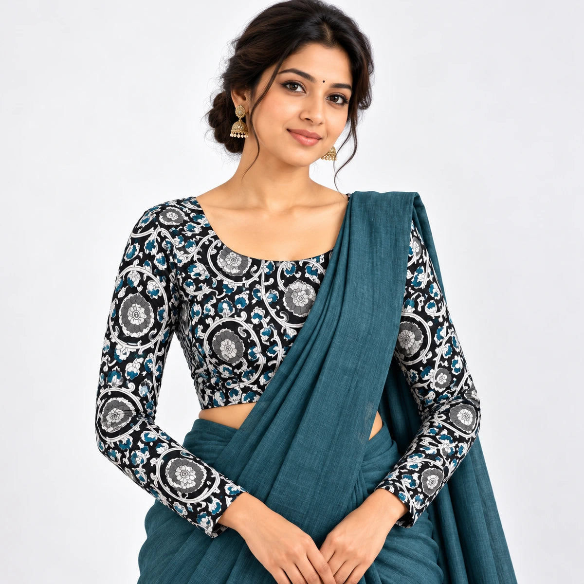 Blue_Black Floral Vine Printed Full Sleeve Blouse – Blue, Grey & White