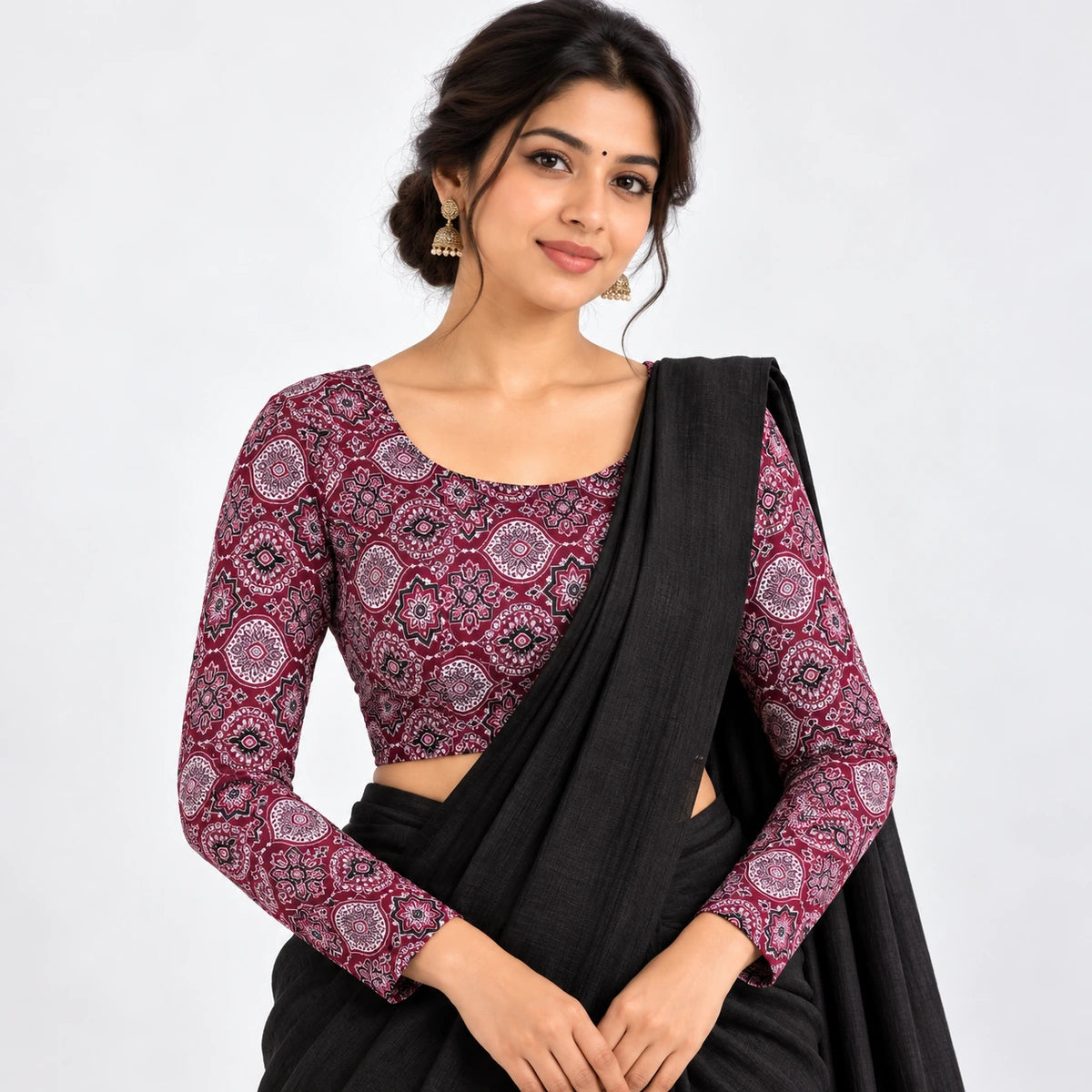 Maroon Geometric Printed Full Sleeve Stretchable Blouse – Maroon, Black & White