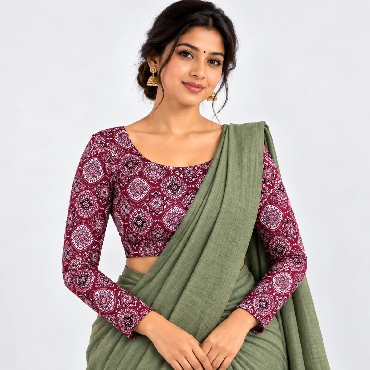 Maroon Geometric Printed Full Sleeve Stretchable Blouse – Maroon, Black & White