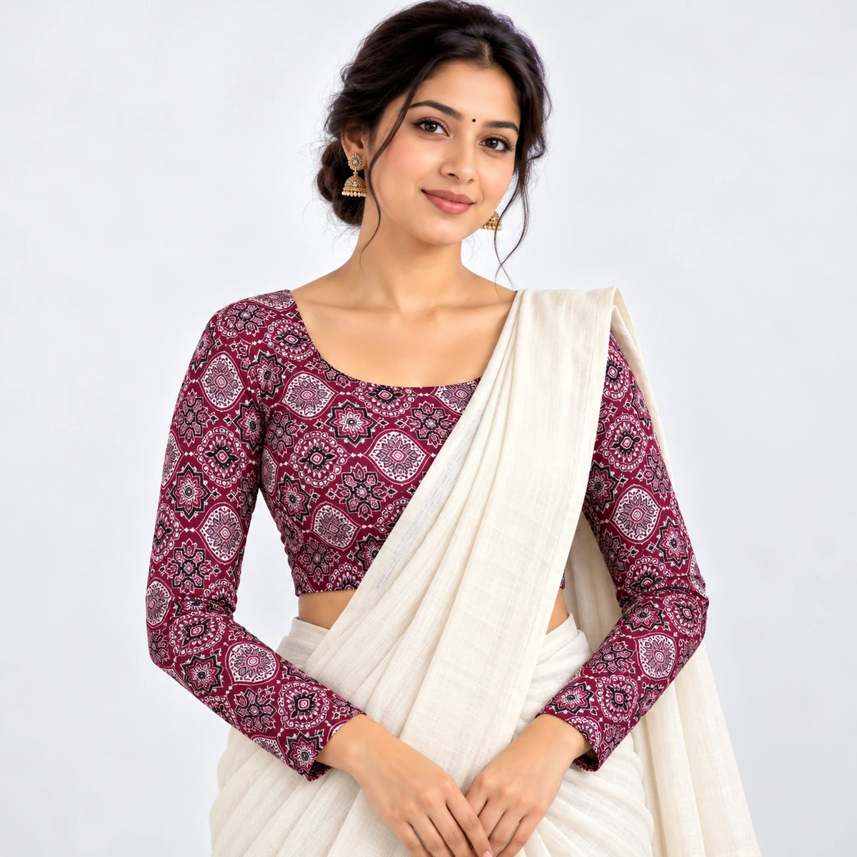 Maroon Geometric Printed Full Sleeve Stretchable Blouse – Maroon, Black & White