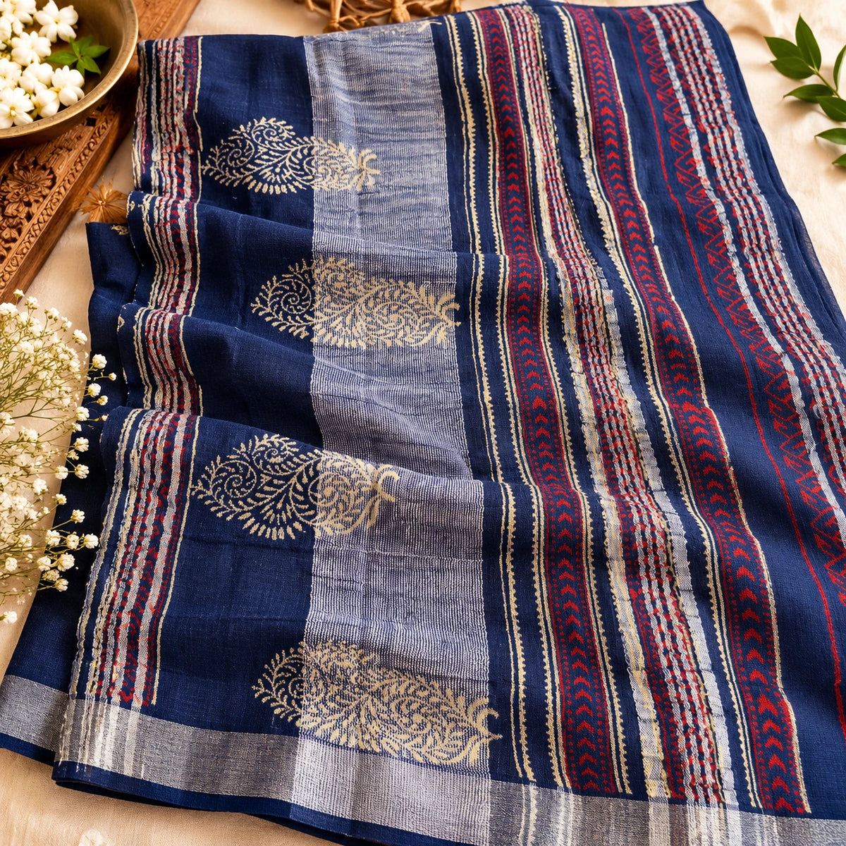 Handblock printed linen sarees