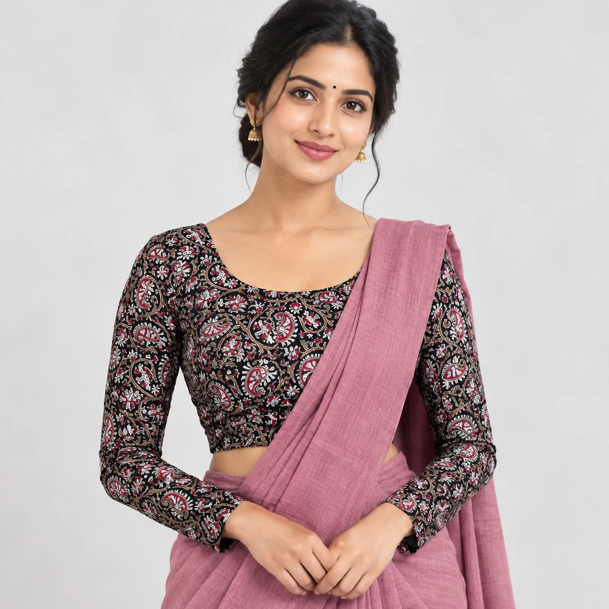 Black with red Leaf Printed Stretchable full Sleeve blouses