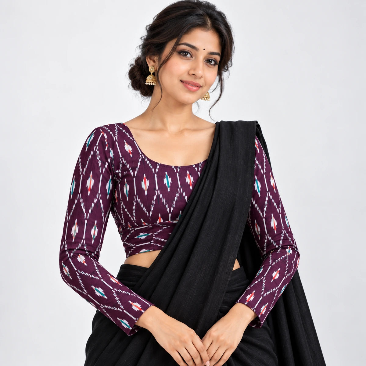 Plum Purple Ikat Printed Full Sleeve Blouse – Teal & Coral Accents