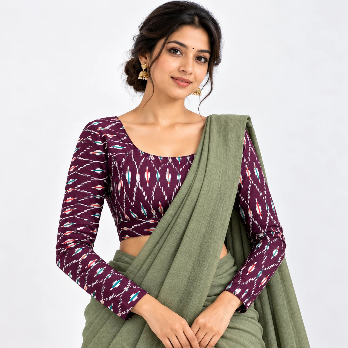 Plum Purple Ikat Printed Full Sleeve Blouse – Teal & Coral Accents