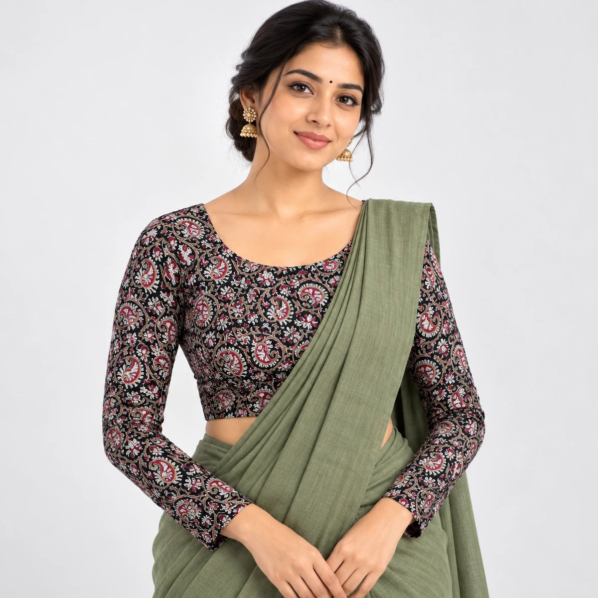 Black with red Leaf Printed Stretchable full Sleeve blouses