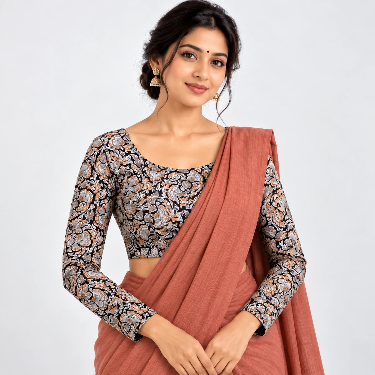 Black Floral Printed Stretchable Full Sleeve Blouse – Grey, Peach & Ivory