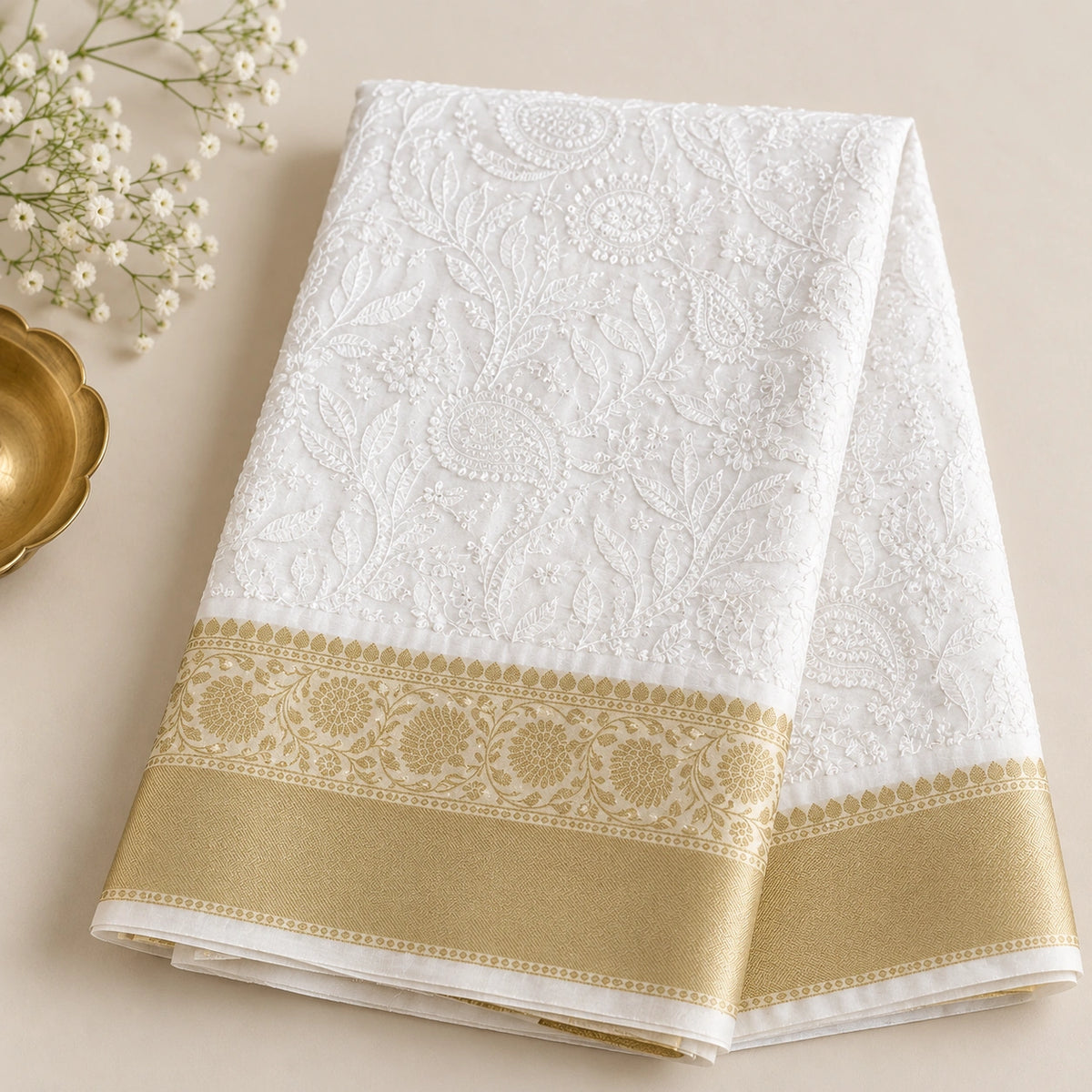 White chikkankari saree