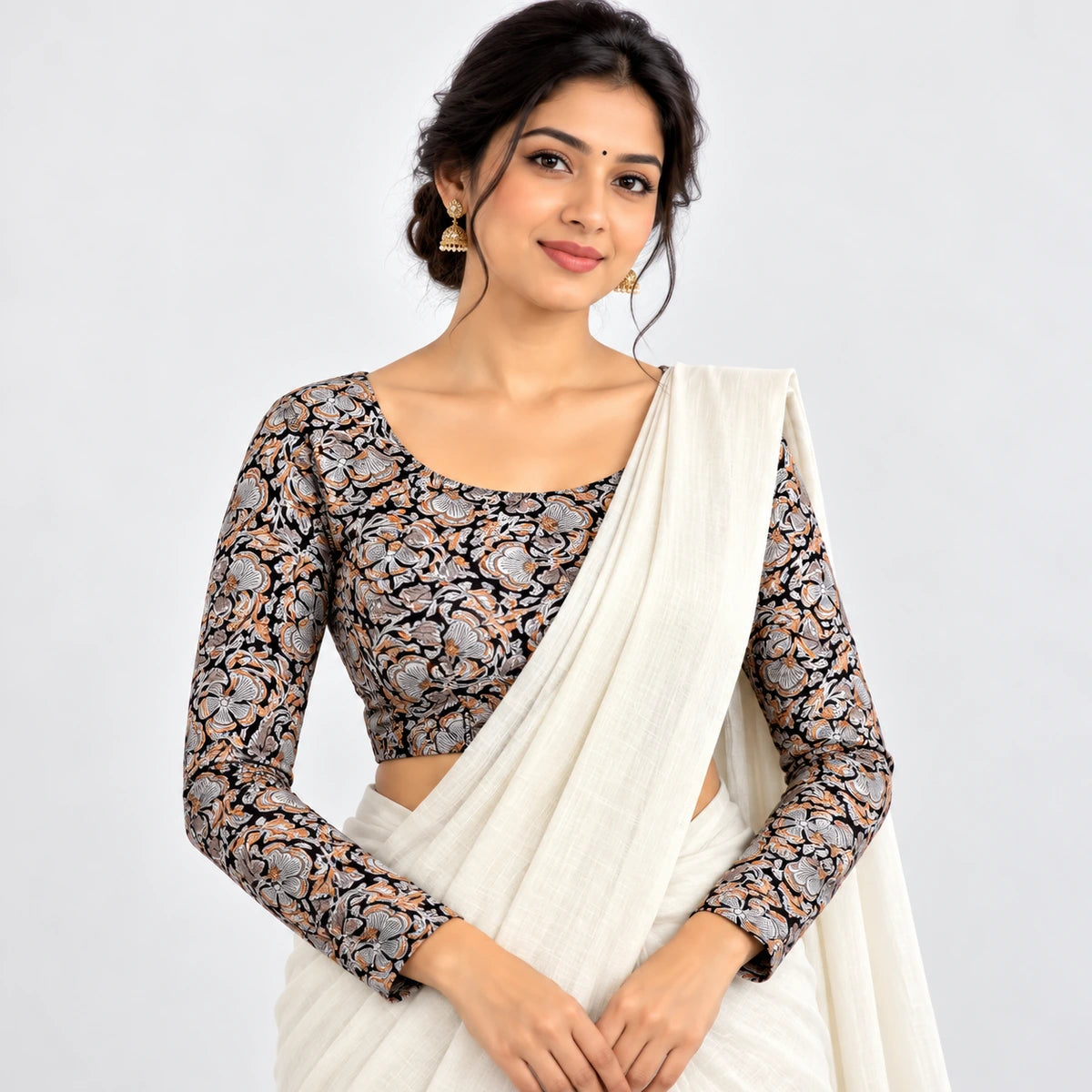 Black Floral Printed Stretchable Full Sleeve Blouse – Grey, Peach & Ivory